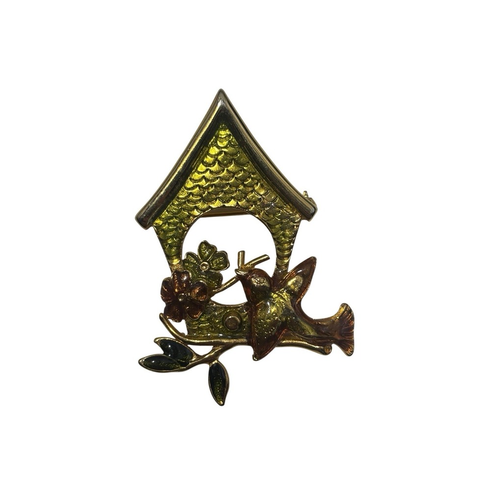 Vintage Gold Tone Colorful Enamel Nature Floral Bird House Brooch Pin